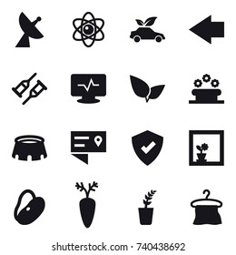 16 vector icon set : satellite antenna, atom, eco car, left arrow, flower bed, stadium, flower in window, seedling, hanger