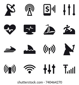 16 vector icon set : satellite antenna, antenna, mobile pay, equalizer, sail boat, surfer, jet ski, shark flipper, wireless