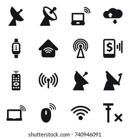 16 vector icon set : satellite antenna, notebook wireless, cloude service, smartwatch, wireless home, antenna, mobile pay, remote control, wireless