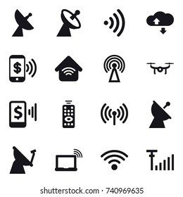 16 vector icon set : satellite antenna, wireless, cloude service, phone pay, wireless home, antenna, drone, mobile pay, remote control