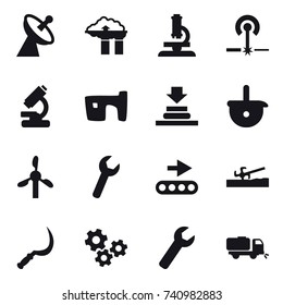 16 vector icon set : satellite antenna, factory filter, microscope, laser, slum, soil cutter, sickle, gears, wrench, sweeper