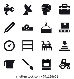 16 vector icon set : satellite, satellite antenna, virtual mask, barometer, rack, measuring cup, big spoon, tractor