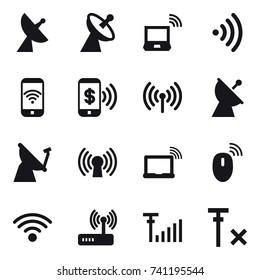 16 vector icon set : satellite antenna, notebook wireless, wireless, phone wireless, phone pay