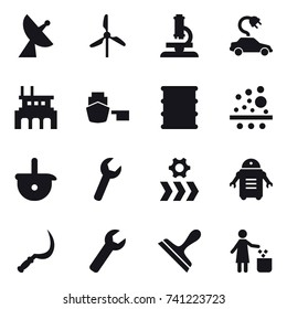 16 vector icon set : satellite antenna, windmill, microscope, electric car, factory, sickle, wrench, scraper, garbage bin