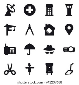 16 vector icon set : satellite antenna, building, airport tower, tower crane, drawing compass, smart house, scissors, scarecrow, hive, scoop