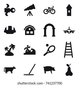 16 vector icon set : satellite, telescope, bike, tower, building helmet, house, arch, island, surfer, tennis, stairs, cow, rake, pig, pear