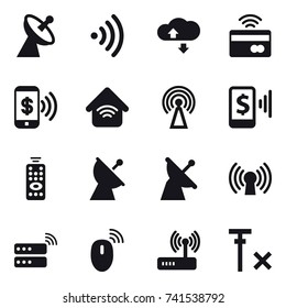 16 vector icon set : satellite antenna, wireless, cloude service, tap to pay, phone pay, wireless home, antenna, mobile pay, remote control