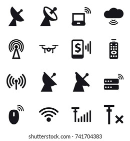 16 vector icon set : satellite antenna, notebook wireless, cloud wireless, antenna, drone, mobile pay, remote control, wireless