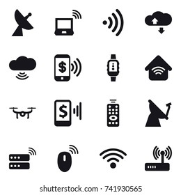 16 vector icon set : satellite antenna, notebook wireless, wireless, cloude service, cloud wireless, phone pay, smartwatch, wireless home, drone, mobile pay, remote control