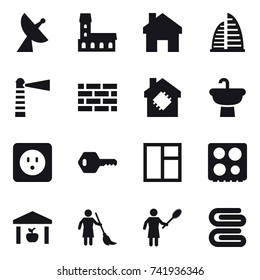 16 vector icon set : satellite antenna, mansion, home, skyscraper, lighthouse, brick wall, smart house, power socket, key, window, warehouse, brooming, woman with pipidaster, stack of towels