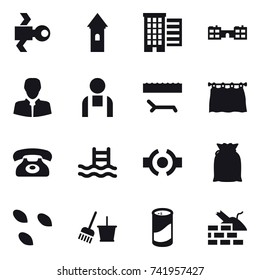 16 vector icon set : satellite, tower, houses, school, lounger, curtain, phone, pool, seeds, bucket and broom, cleanser powder, construct garbage