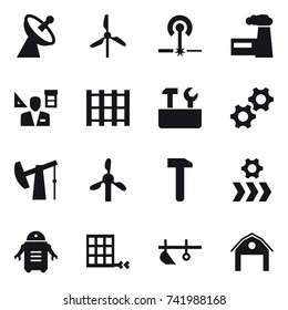 16 vector icon set : satellite antenna, windmill, laser, factory, architector, repair tools, plow, barn