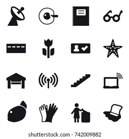 16 vector icon set : satellite antenna, cell corection, copybook, bunker, check in, starfish, garage, wireless, stairs, gloves, garbage bin, floor washing