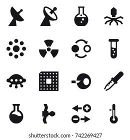 16 vector icon set : satellite antenna, round flask, virus, round around, nuclear, quantum bond, vial, ufo, cpu, thermometer
