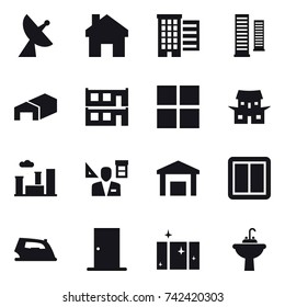 16 vector icon set : satellite antenna, home, houses, skyscrapers, warehouse, modular house, window, japanese house, city, architector, power switch, iron, door, clean  window, water tap sink