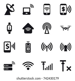 16 vector icon set : satellite antenna, notebook wireless, phone wireless, phone pay, smartwatch, wireless home, antenna, drone, mobile pay, remote control, wireless