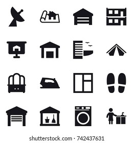 16 vector icon set : satellite antenna, project, garage, modular house, presentation, hotel, tent, dresser, iron, window, slippers, utility room, washing machine, kitchen cleaning