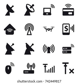 16 vector icon set : satellite antenna, notebook wireless, tap to pay, wireless home, antenna, drone, mobile pay
