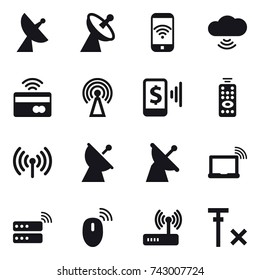 16 vector icon set : satellite antenna, phone wireless, cloud wireless, tap to pay, antenna, mobile pay, remote control, wireless
