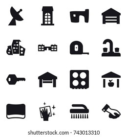 16 vector icon set : satellite antenna, building, slum, garage, modern architecture, school, measuring tape, water tap, key, warehouse, sponge, wiping, brush