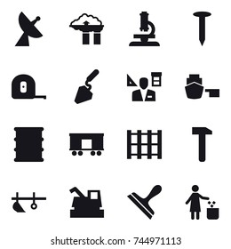 16 vector icon set : satellite antenna, factory filter, microscope, nail, measuring tape, construction, architector, plow, harvester, scraper, garbage bin