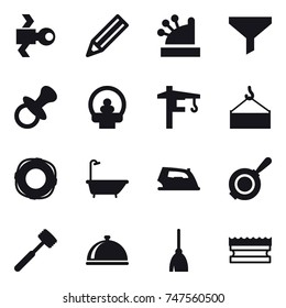 16 vector icon set : satellite, pencil, cashbox, funnel, nipple, tower crane, lifebuoy, bath, iron, pan, meat hammer, broom, sponge