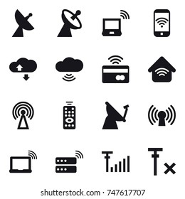 16 vector icon set : satellite antenna, notebook wireless, phone wireless, cloude service, cloud wireless, tap to pay, wireless home, antenna, remote control