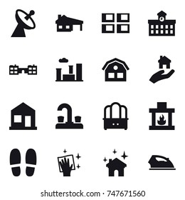 16 vector icon set : satellite antenna, house with garage, panel house, university, school, city, house, real estate, home, water tap, dresser, fireplace, slippers, wiping, house cleaning, iron