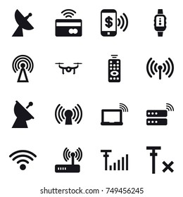 16 vector icon set : satellite antenna, tap to pay, phone pay, smartwatch, antenna, drone, remote control, wireless