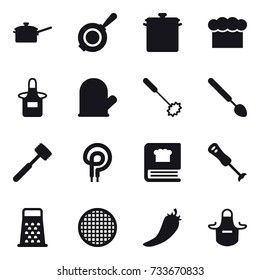16 vector icon set : saute pan, pan, chef  hat, apron, cook glove, whisk, big spoon, meat hammer, hot pepper
