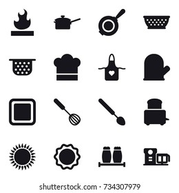 16 vector icon set : saute pan, pan, kolander, colander, cook hat, apron, cook glove, cutting board, whisk, big spoon