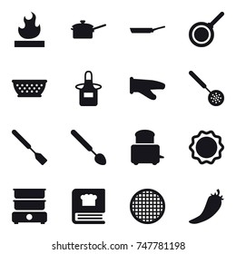 16 vector icon set : saute pan, pan, kolander, apron, cook glove, skimmer, spatula, big spoon, hot pepper