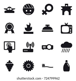 16 vector icon set : scales, arch, medal, service bell, tv, rain cloud, grape, flower, tooth brush, cleanser