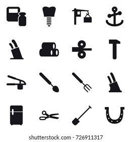 16 vector icon set : scales weight, stands for knives, garlic clasp, big spoon, big fork, knife holder, scissors, shovel, horseshoe