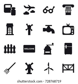 16 vector icon set : scales weight, journey, column, building, windmill, water tap, tv, fence, welcome mat, hand mill, fork, farm fence
