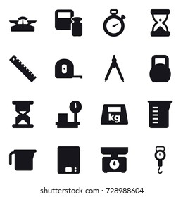 16 vector icon set : scales, scales weight, stopwatch, ruler, measuring tape, drawing compass, measuring cup, kitchen scales, handle scales