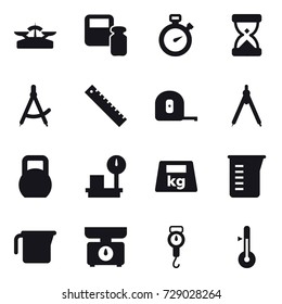 16 vector icon set : scales, scales weight, stopwatch, draw compass, ruler, measuring tape, drawing compass, measuring cup, kitchen scales, handle scales, thermometer