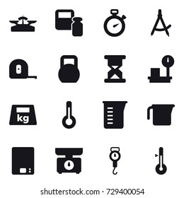 16 vector icon set : scales, scales weight, stopwatch, draw compass, measuring tape, thermometer, measuring cup, kitchen scales, handle scales