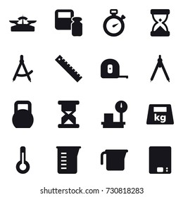 16 vector icon set : scales, scales weight, stopwatch, draw compass, ruler, measuring tape, drawing compass, thermometer, measuring cup, kitchen scales