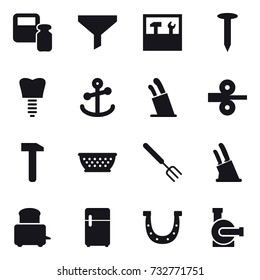 16 vector icon set : scales weight, funnel, tools, nail, stands for knives, kolander, big fork, knife holder, horseshoe, water pump