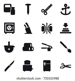 16 vector icon set : scales weight, nail, safe, stands for knives, garlic clasp, big spoon, knife, scissors