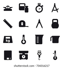 16 vector icon set : scales, scales weight, stopwatch, draw compass, ruler, measuring tape, drawing compass, thermometer, measuring cup, kitchen scales, handle scales