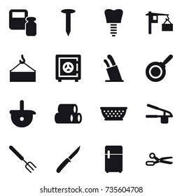 16 vector icon set : scales weight, nail, safe, stands for knives, pan, kolander, garlic clasp, big fork, knife, scissors