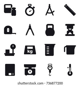 16 vector icon set : scales weight, stopwatch, draw compass, ruler, measuring tape, drawing compass, measuring cup, kitchen scales, handle scales, thermometer