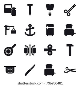 16 vector icon set : scales weight, nail, fridge, toaster, pan, colander, knife, scissors