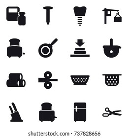 16 vector icon set : scales weight, nail, toaster, pan, kolander, colander, knife holder, scissors