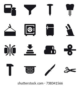 16 vector icon set : scales weight, funnel, nail, safe, fridge, stands for knives, colander, knife, scissors