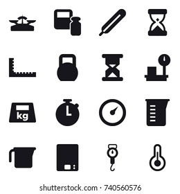 16 vector icon set : scales, scales weight, ruler, barometer, measuring cup, kitchen scales, handle scales