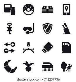 16 vector icon set : scales weight, donut, diving mask, shield, stands for knives, beet, brush, garden cleaning