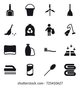16 vector icon set : scoop, bucket, windmill, broom, garbage bag, trash, vacuum cleaner, sponge, shampoo, tooth brush, clean floor, brush, cleanser powder, duster, stack of towels